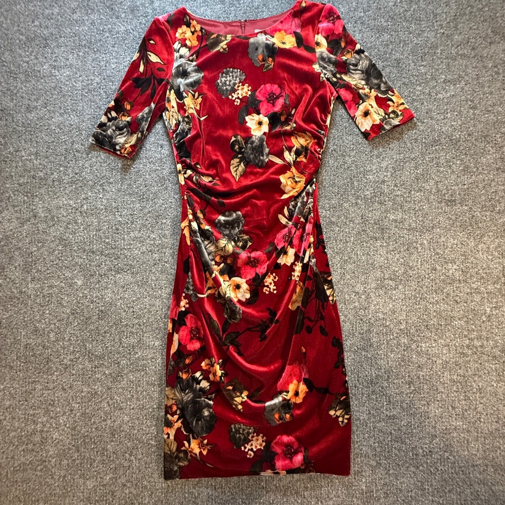 Vince Camuto Red Floral Velvet Ruched Sheath Dress Size 4 Short Sleeve Cocktail